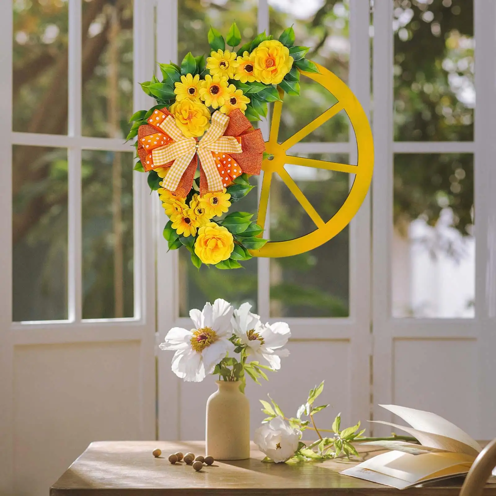 Spring Wreath Yellow Artificial Flowers and Wheel Welcome Decoration