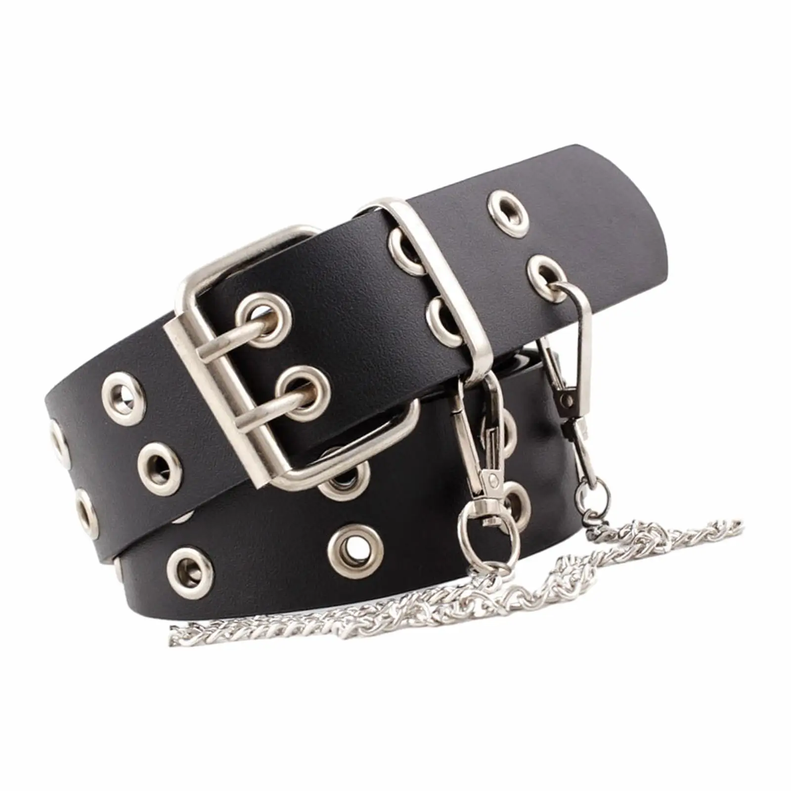Double Grommet Belt with Chain PU Leather Rock Adjustable with 2 Holes Eyelet Gothic Punk Belt for Club Jeans Cosplay Women Men