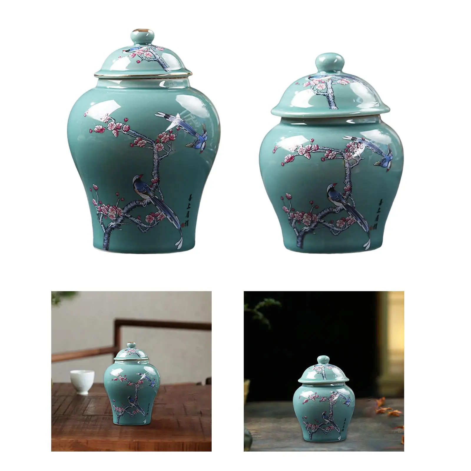 Painted Flower Ceramic Ginger Jar Gift with Airtight Lid Chinese Style Multiuse Table Decorative Jar Storage Jars for Loose Tea