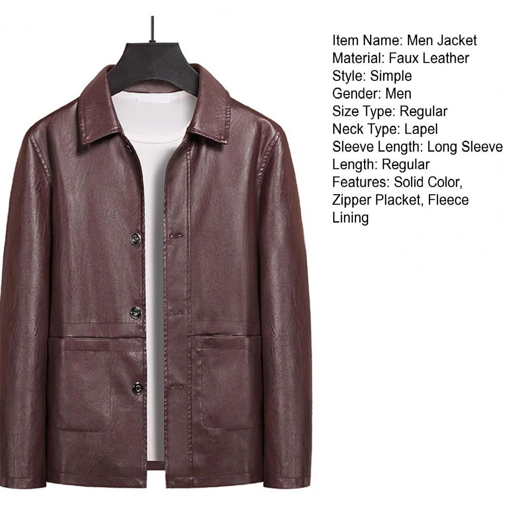 Description Picture 3 of itemMale Waterproof Faux Leather Coat Single-breasted Coat Stylish Men's Fleece-lined Faux Leather Jacket Lapel for Autumn/winter