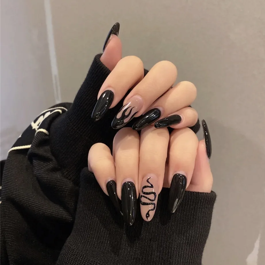 Best of 24pcs Black Flame Snake Design False Nails Art Press On Nail Art Long Ballet Wearing Fake Nails Tips Full Coverage With Tools Reviews & Tips