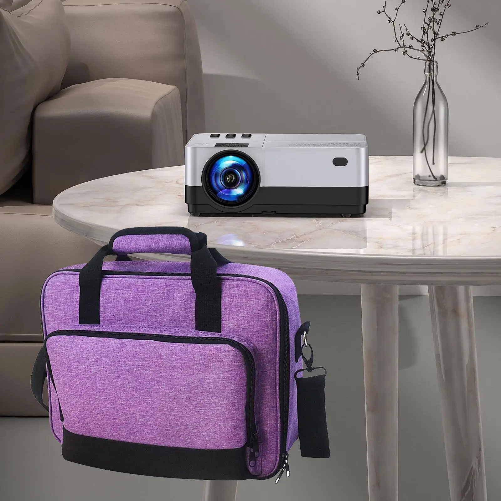 Portable Projector Storage Bag 36x28x10cm Detachable Shoulder Strap Sturdy Handle Purple Stylish Versatile for Travelling