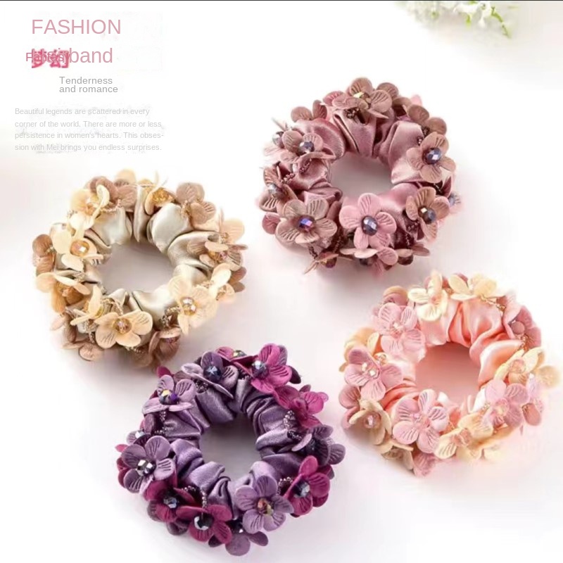 Eleganter großer Blumen-Haargummi, Perlenkristall-Haarring, Gummiband, Dutt, Stoff, elastisches Haargummi, koreanische Accessoires, Omar Nadel – Detail 2