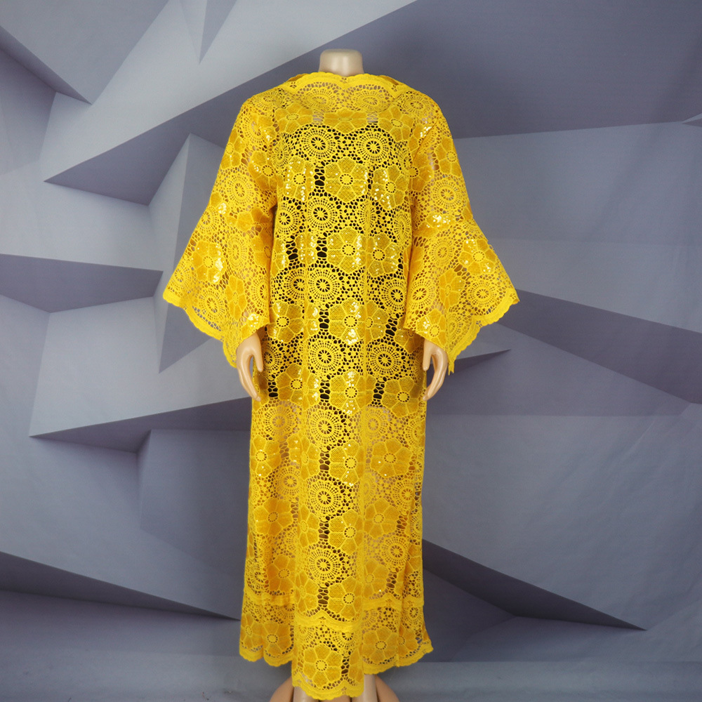 Sd0bbc5fb9316470196fb71061fe39dceF - Robe Africaine de Soirée, de Mariage : Tenue Élégante à Manche Longue en Dentelle - Blanc et Jaune