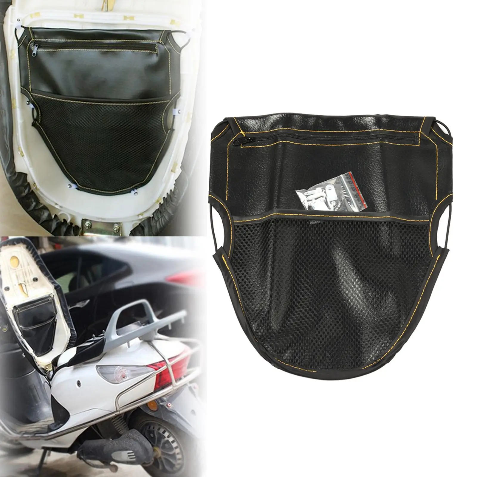 Black Leather Motorcycle Scooter Under Seat Storage Pouch Bag Easy Install