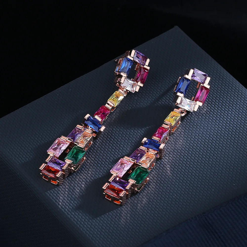 925 silver high-definition contrast fashion earrings super flash zircon earrings colorful tourmaline long earrings party gift