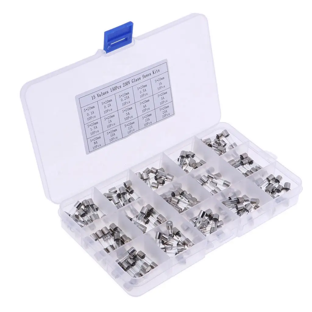 150 Pcs 5x20mm Safety Glass Fuse Assorted Kit Amp Fuse 0.1A-20A