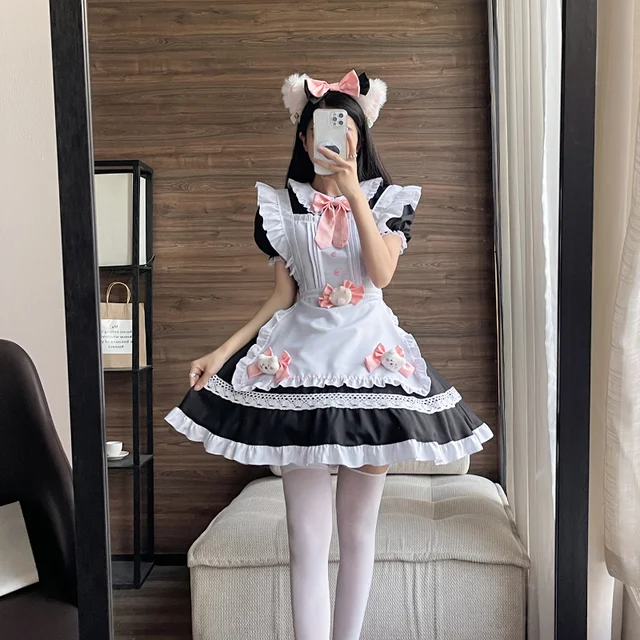 Lolita Vestido bonito rosa plissado empregada roupa kawaii arco nó gato  pata Menina japonesa JK cosplay trajes S-5XL diária uniforme festa