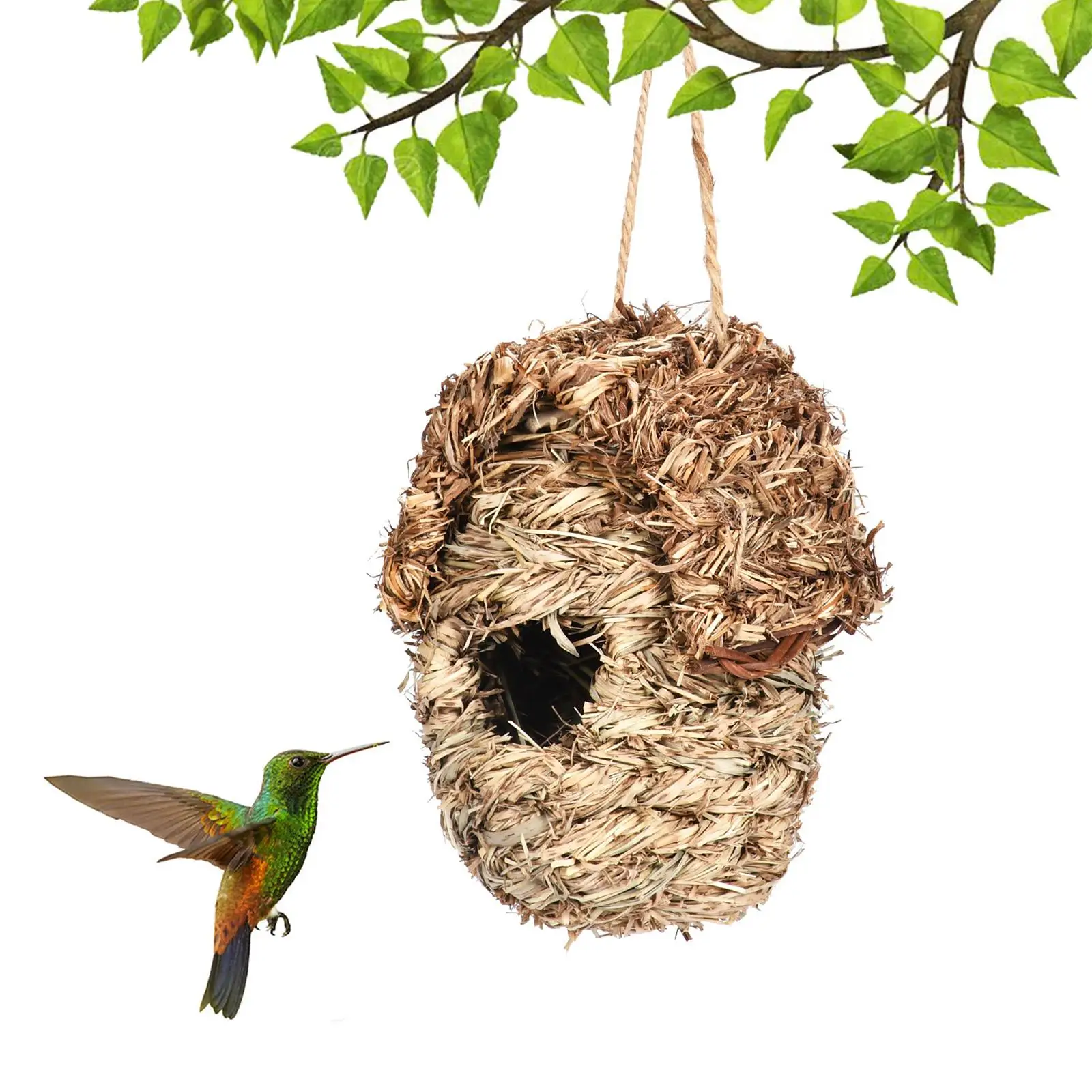 Straw Hand Woven Bird Cage Bird Nest Hut Shelter Hanging Parrot Nest House Birdhouse for Outdoor Outside Lawn Garden