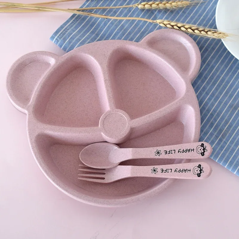 Description Picture 3 of item1 Set Baby Bowl Spoon Fork Feeding Tableware BPA Free Cartoon Bear Kids Plates Eating Dinnerware Set Anti-Heat Training Plate