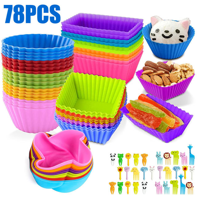 dosili 78Pcs Lunch Box Dividers with Fruit Fork Bento Silicone Cupcake  Liners Heat Resistant Muffin Cups Baking Cake Molds Set for Kids 