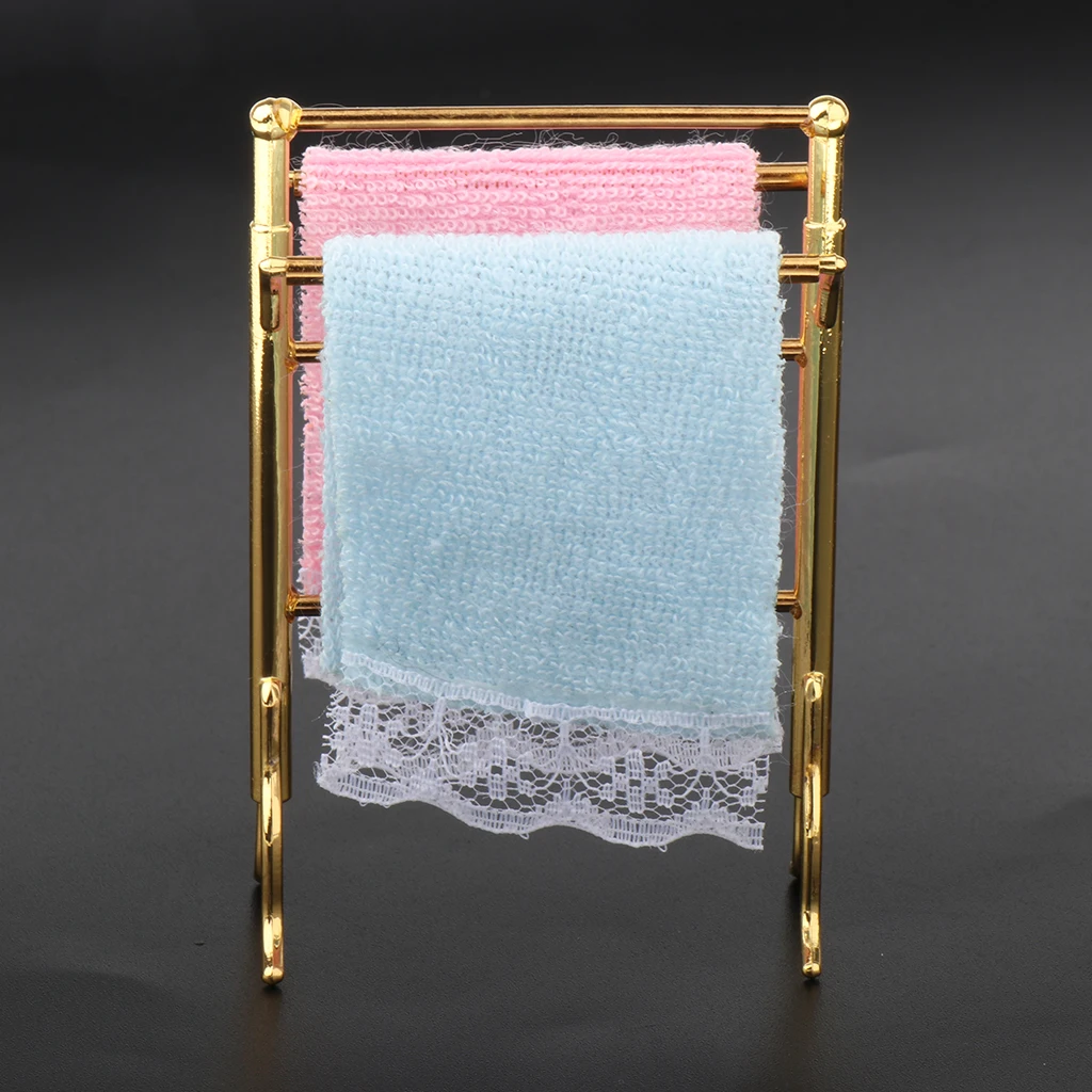 Miniature Towel Rack 1/12 Scale Dollhouse with 2 Towels Accessory Set