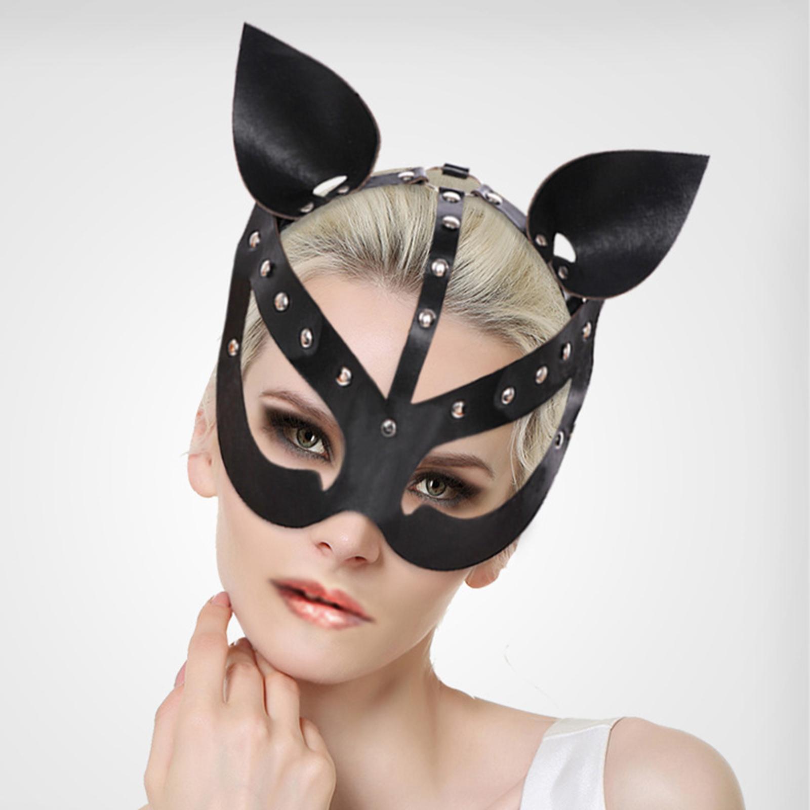 Women Cat Masks Masquerade Masked Costume Accessory Cosplay with Ears Party with Spikes Mardi Gras Half Face Halloween