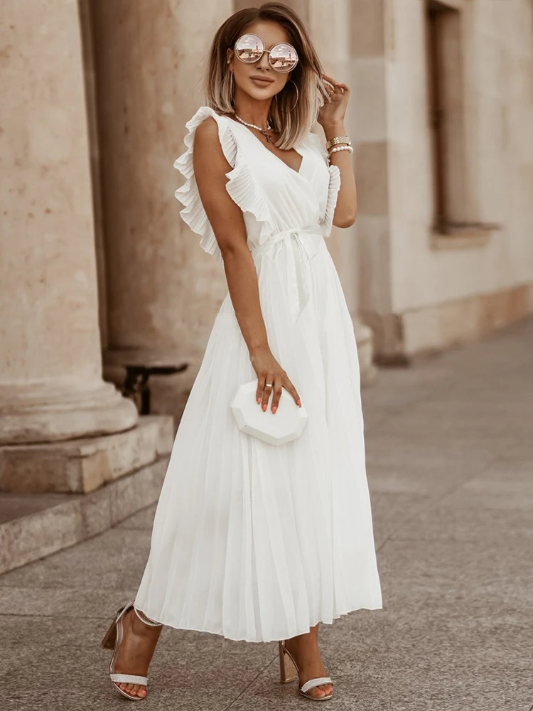V Neck Pleated Korean Chiffon White Long Summer Dress Women Lace Up Holiday Sexy Elegant Beach Maxi Dresses -Sd180d79039c74d4daa51e71e77686809d