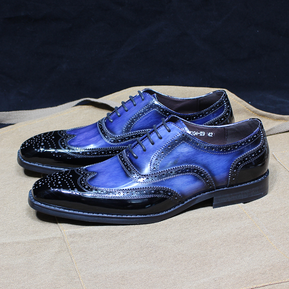 Luxuriöse Herren-Oxfords aus blauem Lackleder mit Brogue-Flügelspitze, zum Schnüren, formelle Schuhe für Büro, Hochzeit, Party – Detail 8