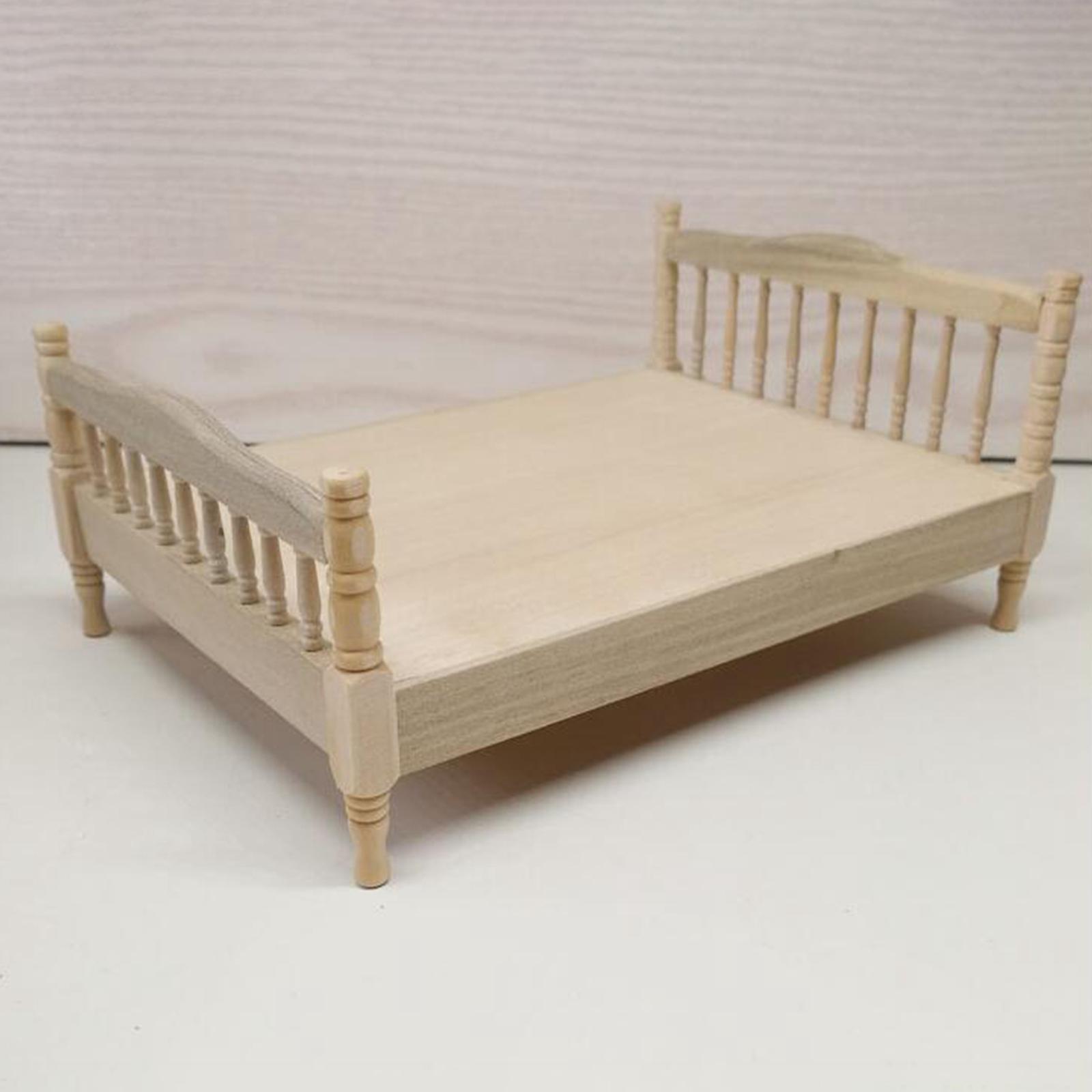 1:12 European Double Bed Model, Miniature Bedroom Furniture Scenes, Wooden Mini Bed, Wooden Bed Model for DIY Scenery