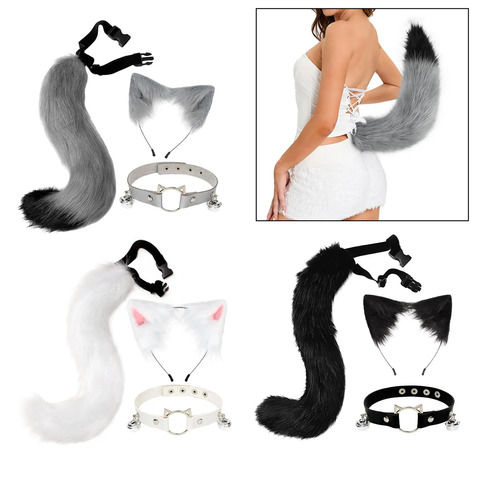 3x Plush Ears and Tail Set Halloween Party Furry Wolf Long Tail Headband