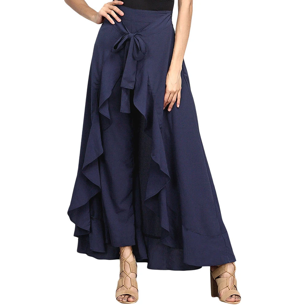 Women Solid Color Ruffle Irregular High Waist Culottes Long Pants for Beach Party Best Sale-WT nike skirt