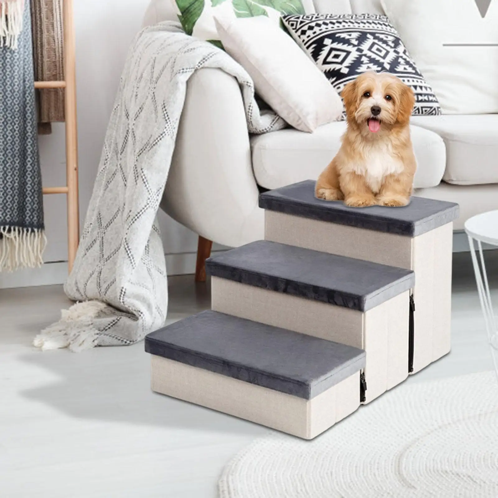3 Tiers Pet Steps Dog Stairs Removable Cover Pet Climbing Ladder Portable Ramp Stairs with Storage Box for Sofa, Bed Indoor