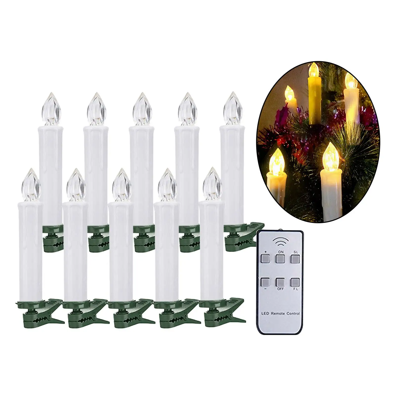 10pcs LED Taper Candles Light, Battery Powered Flameless Candles with Clips for Chirstmas Tree Party Wedding Decoration Gift