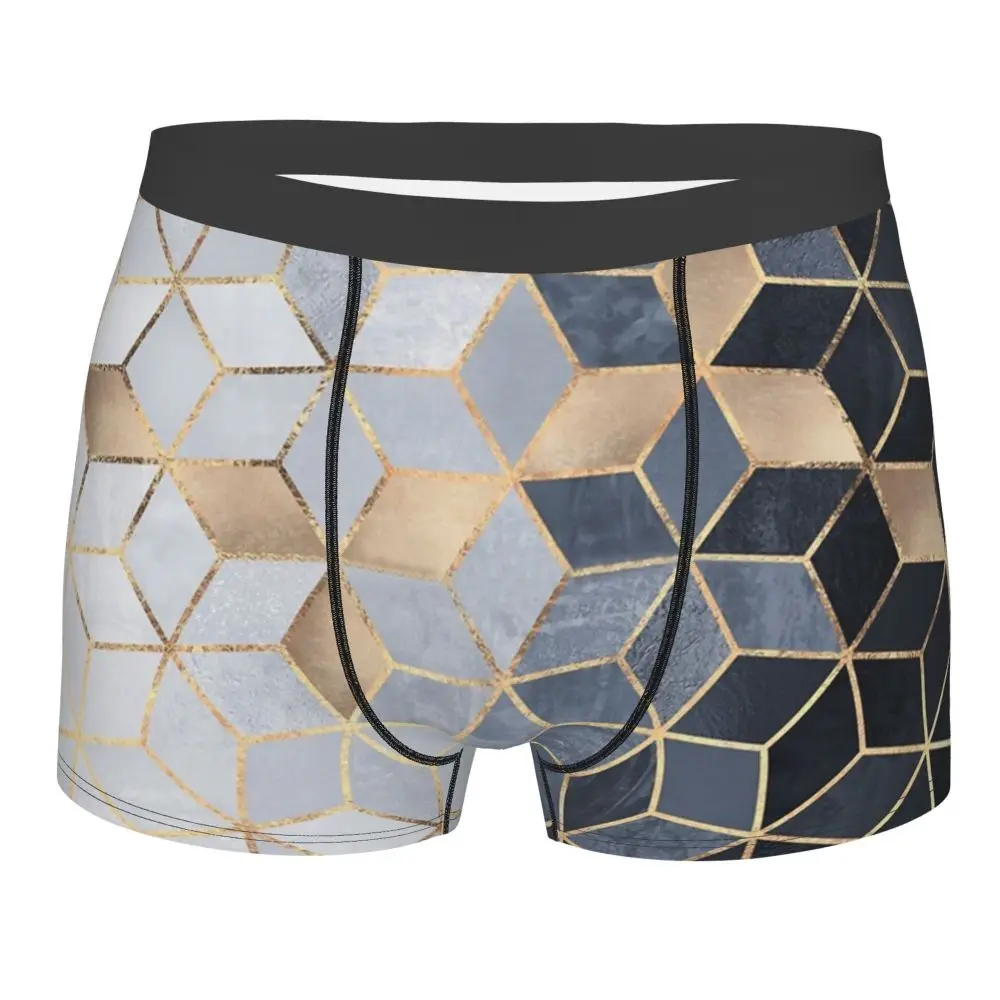 Funny Boxer Shorts Panties Men Soft Blue Gradient Cubes Underwear Polyester Underpants for Homme Plus Size mens cheeky underwear