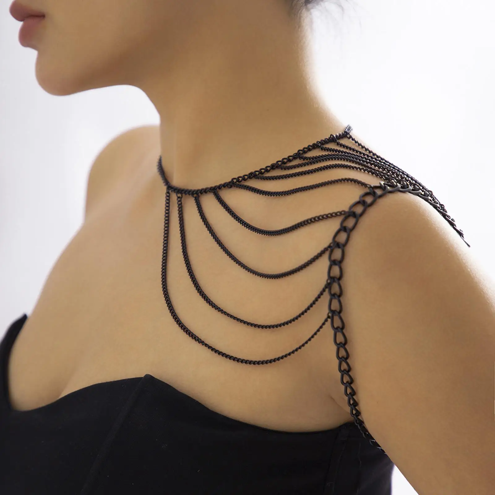 Multiple Layers Choker Necklace Shoulder Chain Jewelry Adjustable Fashion Black Women for rock Choker Shoulder Ornament