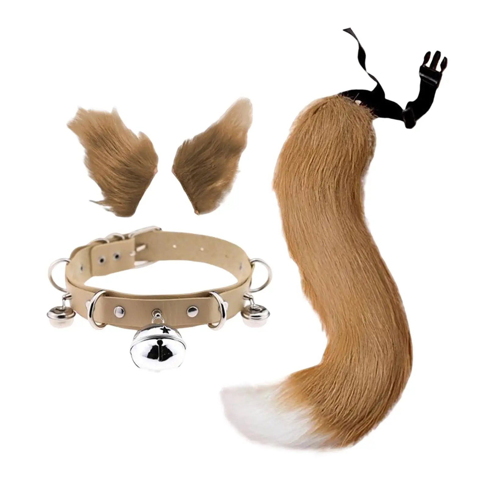 4Pcs Animal Fox Ears and Tail Set Faux Fur Long Tails Leather Choker Set Anime Cosplay Costume Kits Party Christmas