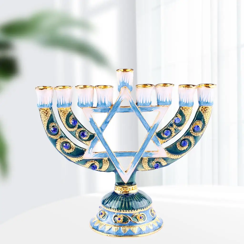 Hand Painted Judaica Candlestick with Menorah Candlestick, Geometric Style, Classic Decoration for Home, Centerpieces