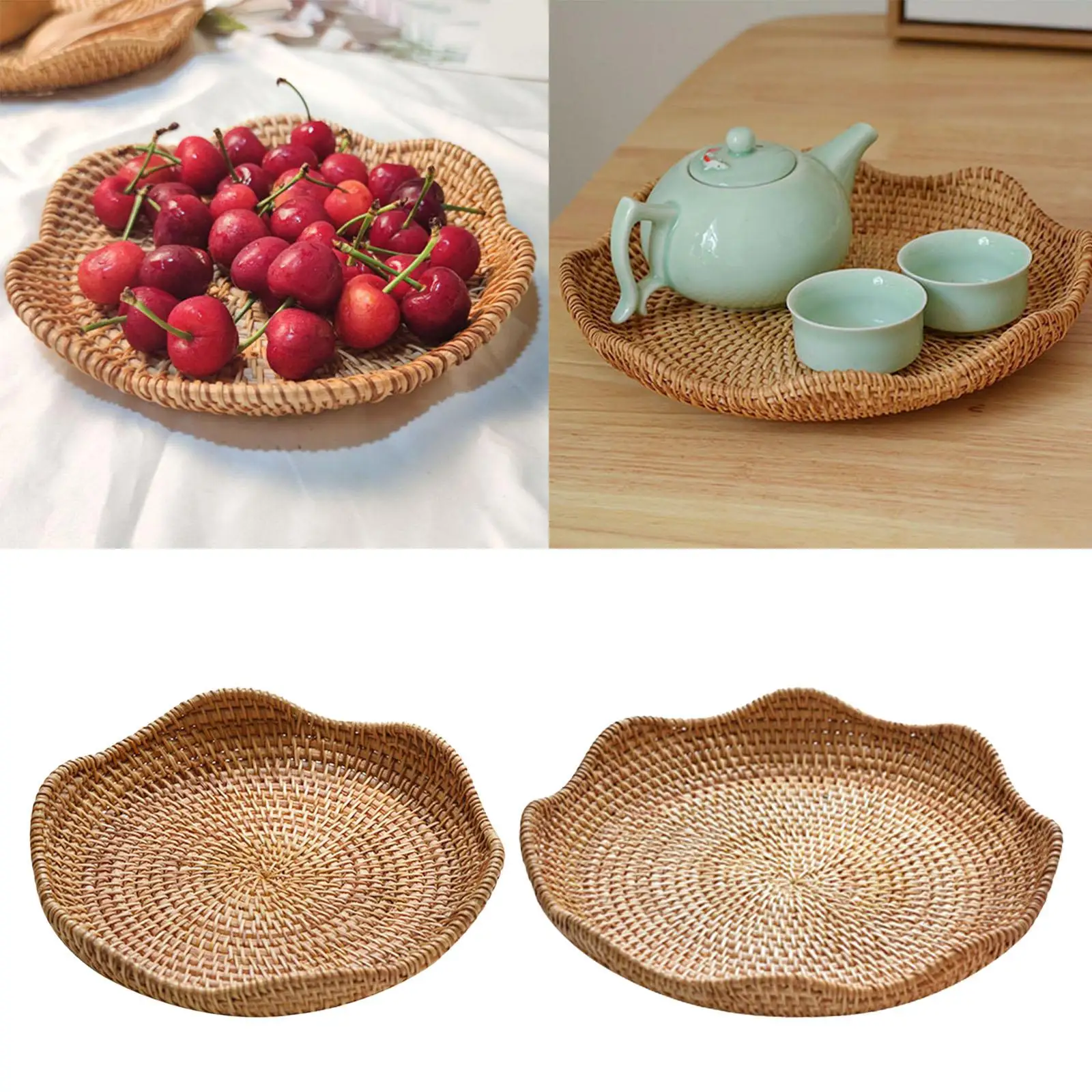 Rattan Round Serving Tray Food Storage Wicker Tray for Countertop Dinner Table Centerpiece