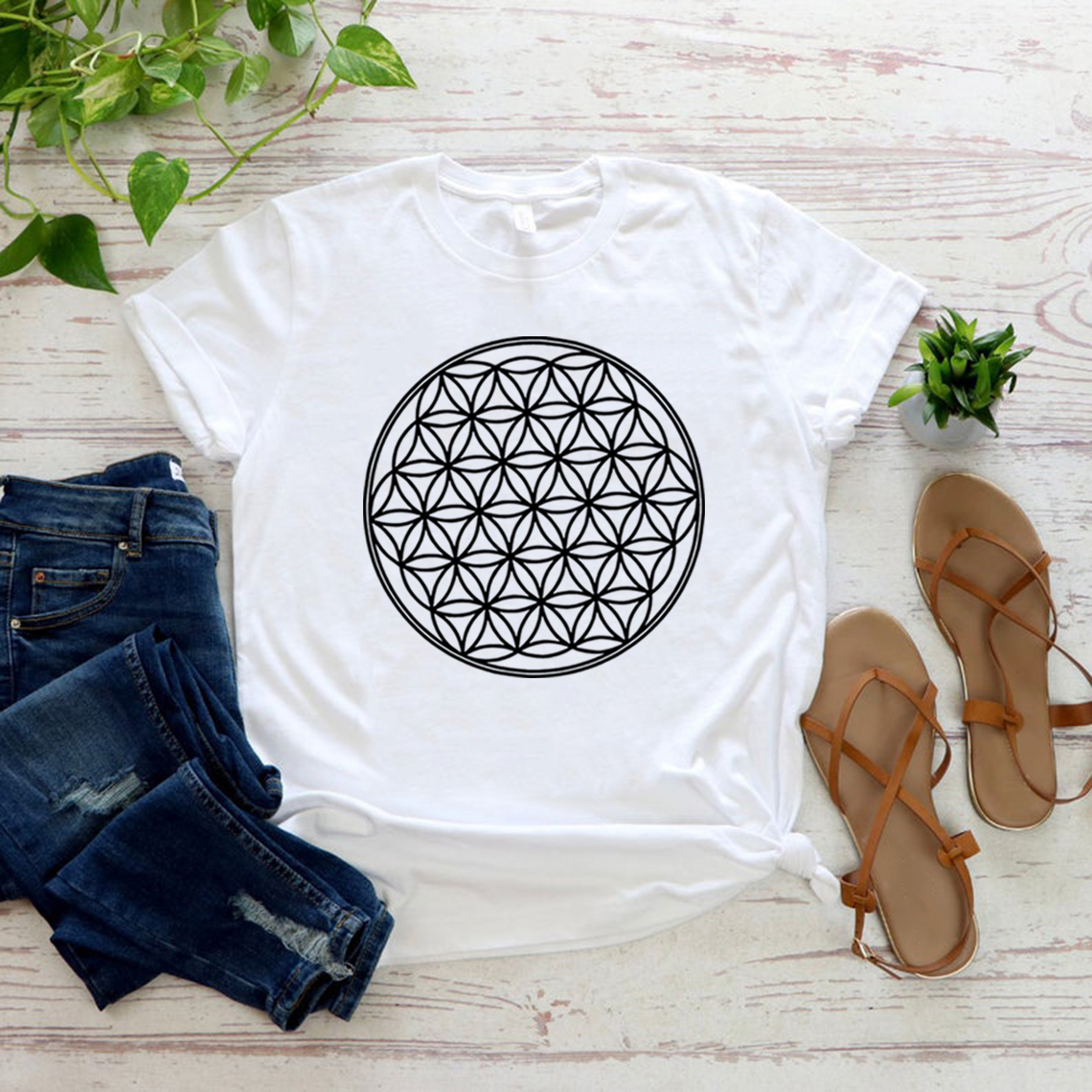 Seed of Life T-Shirt Blume des Lebens T-Shirt Blumen-T-Shirt Unisex-T-Shirt Kurzarm Grafik-T-Shirts Männer Frauen Casual Tops T-Shirt – Detail 9