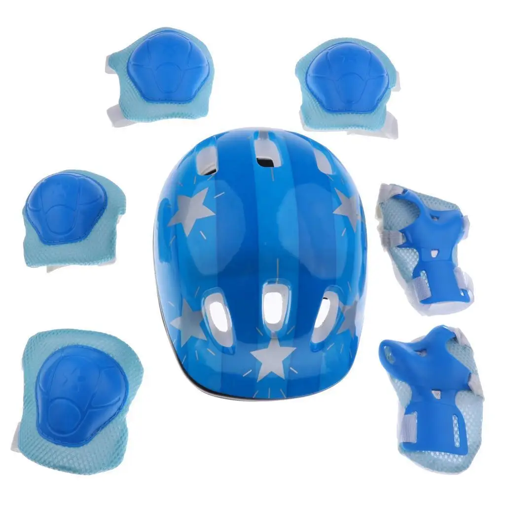 7 Pieces Kids Children Multicolored Roller Skating Scooter Bicycle Helmet Knee Elbow Wrist  Protective Gears  M