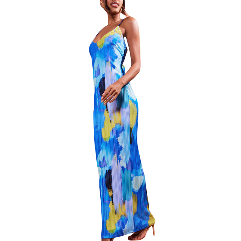 Vestido plisado para mujer, estampado floral/tie-dye/color liso, tirantes finos, sin mangas, para salir y fiestas.