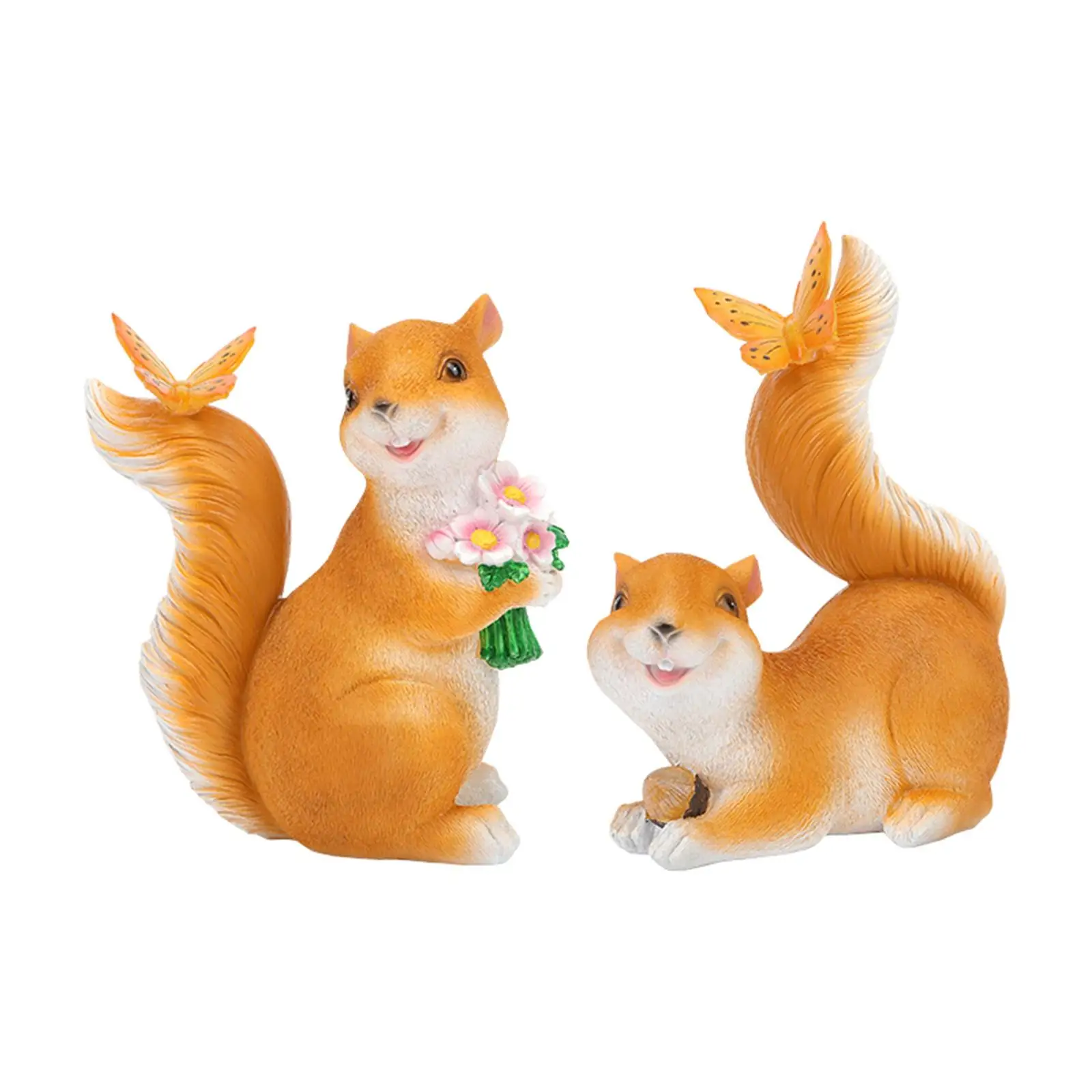 Resin Garden Squirrel Statues with Butterfly Solar Light Handpainted Animal