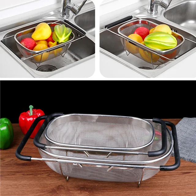 Fornitura da cucina sopra il lavello scolapasta ovale in acciaio  inossidabile a rete Fine con manico estensibile Cocina accessorio Escoredor  - AliExpress