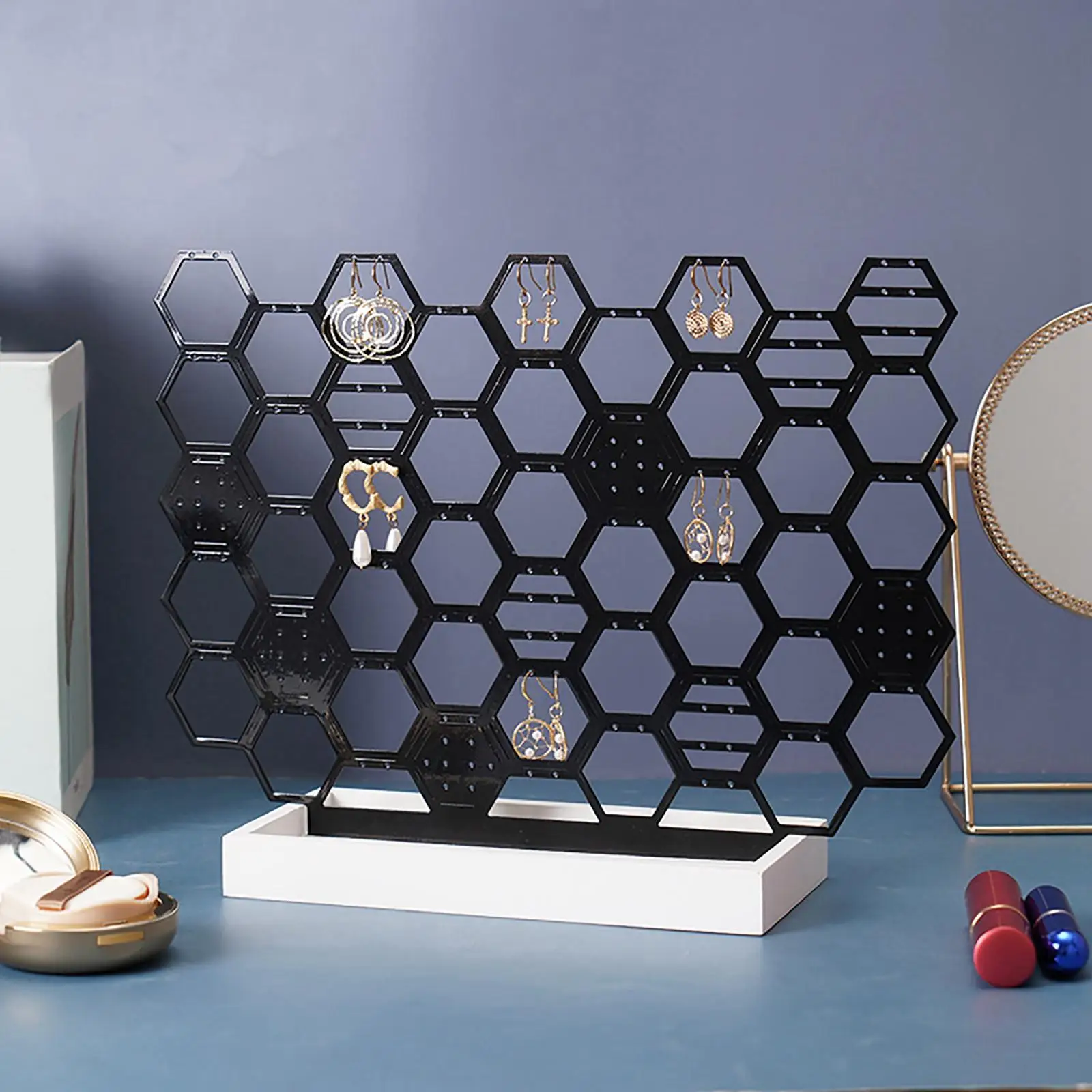 Earring Display Stand Honeycomb Shaped with Base Metal Storage Rack Jewelry Organizer Holder for Selling Necklaces Ear