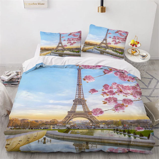 Romantic Eiffel Tower Duvet Cover Microfiber Floral Bedding Set