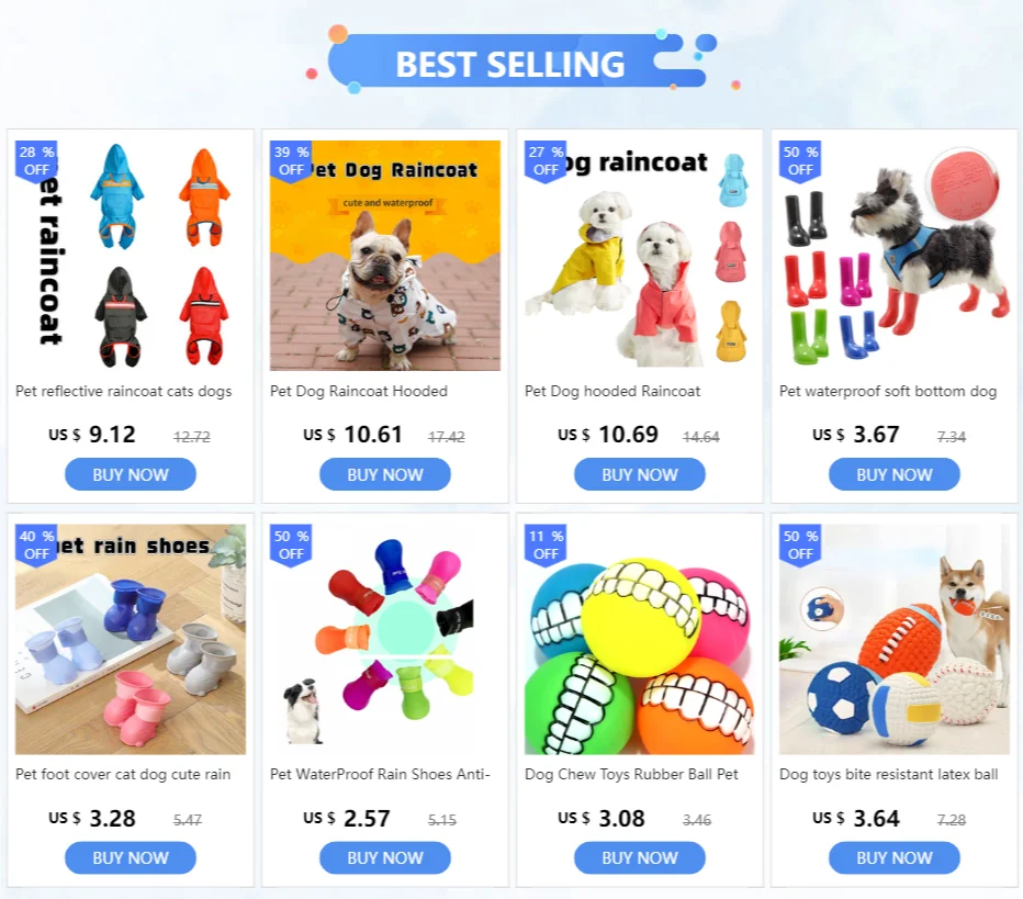 Una captura de pantalla de un sitio web con una variedad de juguetes para mascotas a la venta