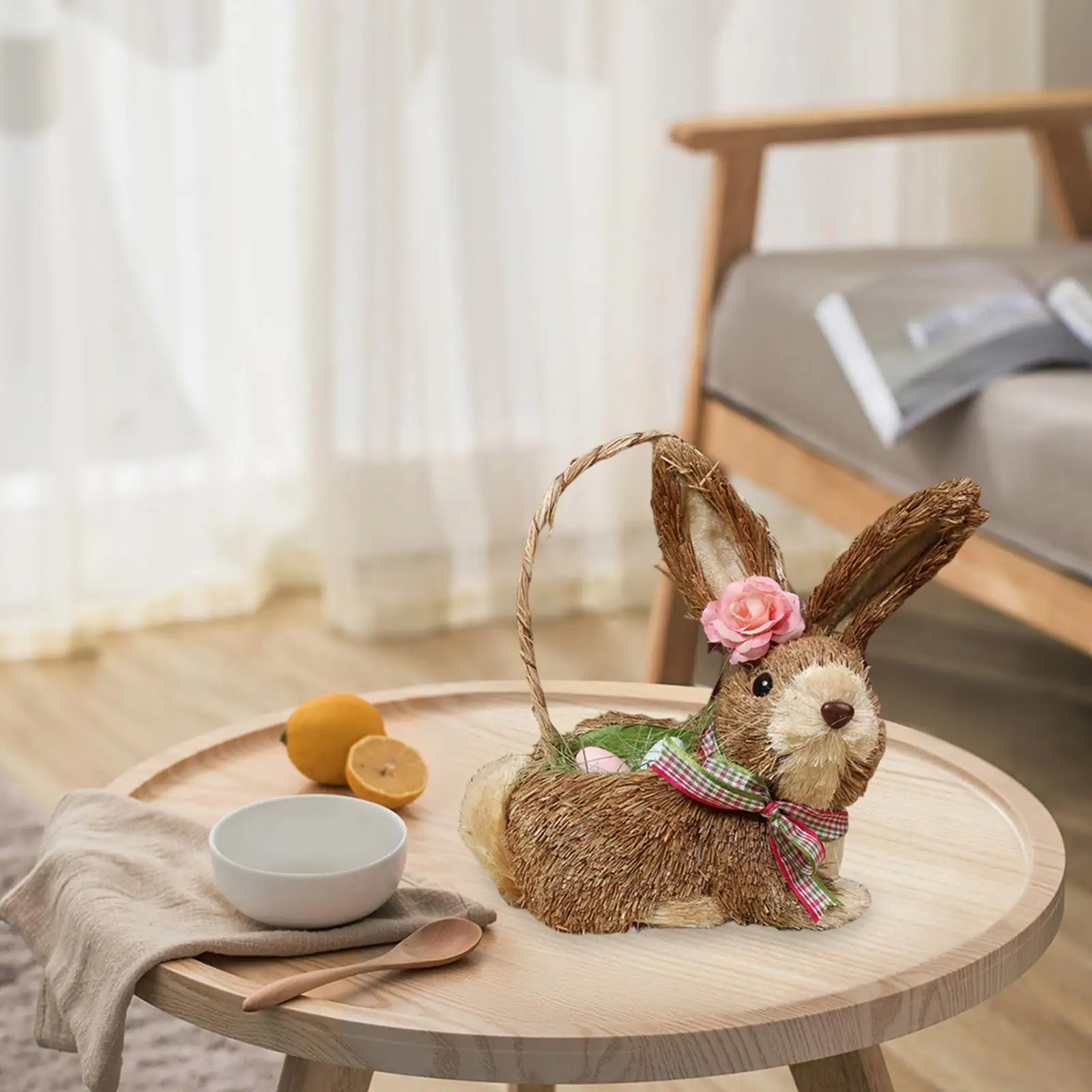 Straw Rabbit Decoration Filled Eggs Basket for Indoor Outdoor Spring Decor