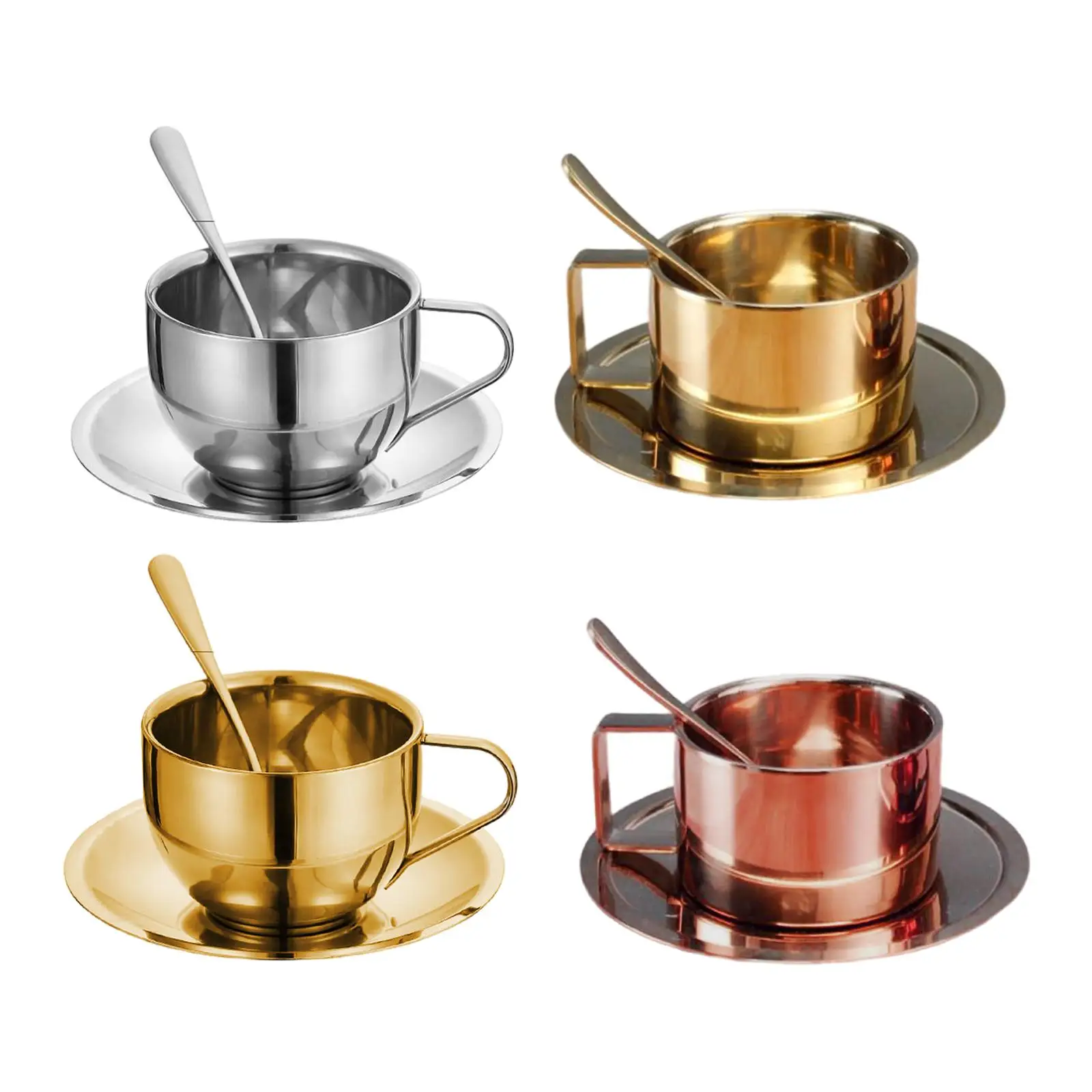 Stainless Steel Insulated Coffee Cup  Tea Milk Mug with Saucer Spoon Tableware Set