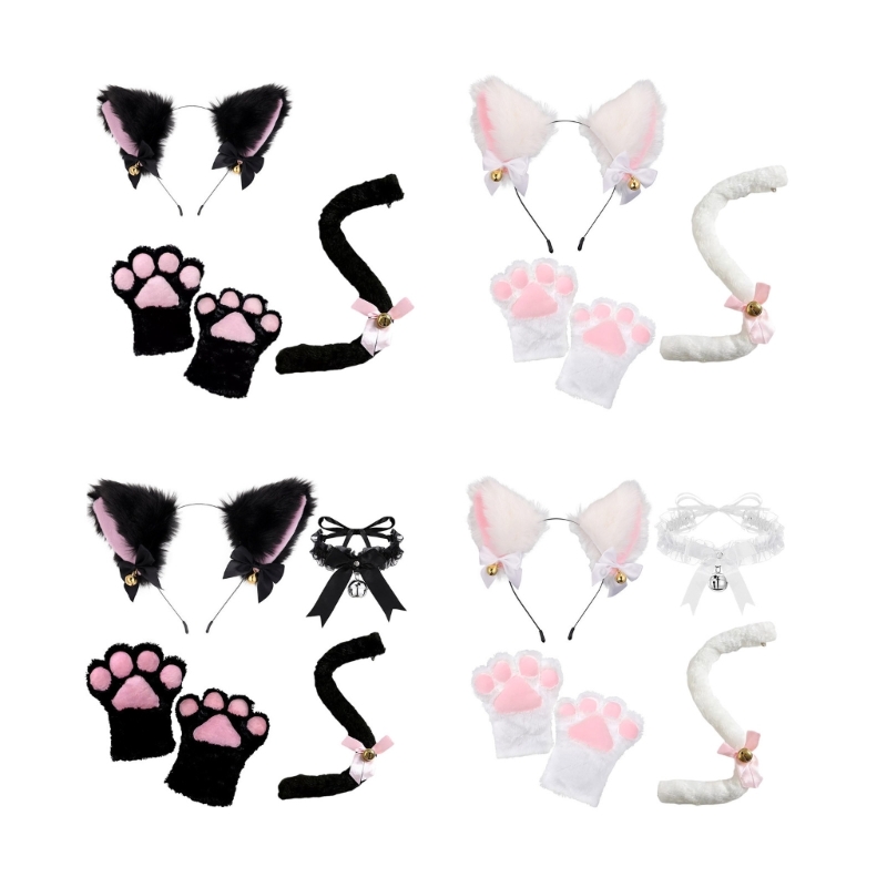 Katzenkostüm-Set, Katzenohren, Stirnband, Schwanz, Glöckchen, Spitze, Halsreif, Handschuhe für Kinder, Mädchen, Jungen, Cosplay – Detail 1