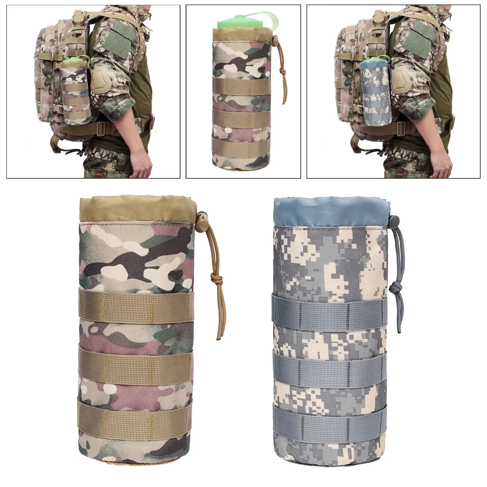 Hydration Carrier Drawstring Adjustable Molle Water Bottle Holder Pouch for Travel Mountaineering Hiking Hunting Walking