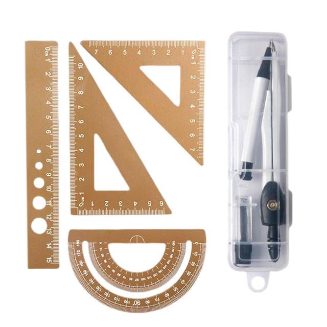 5 Pieces Math Geometry Kit Compass Aluminium Alloy Ruler Set Triangle Ruler Multifunctional for Classroom Drawing Drafting