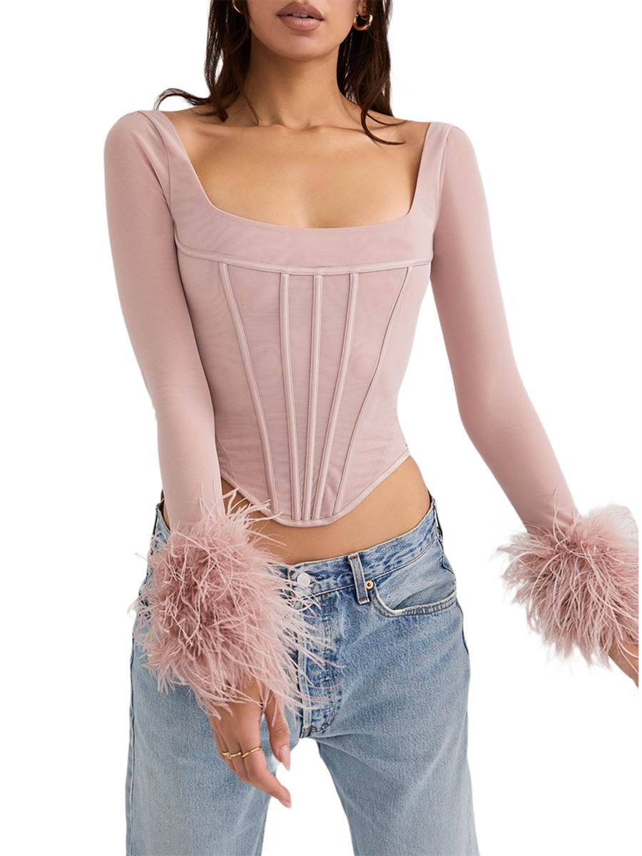 feather trim feminino manga longa colheita topo quadrado pescoço bustier espartilho topo de pele do falso fada básica camiseta verão