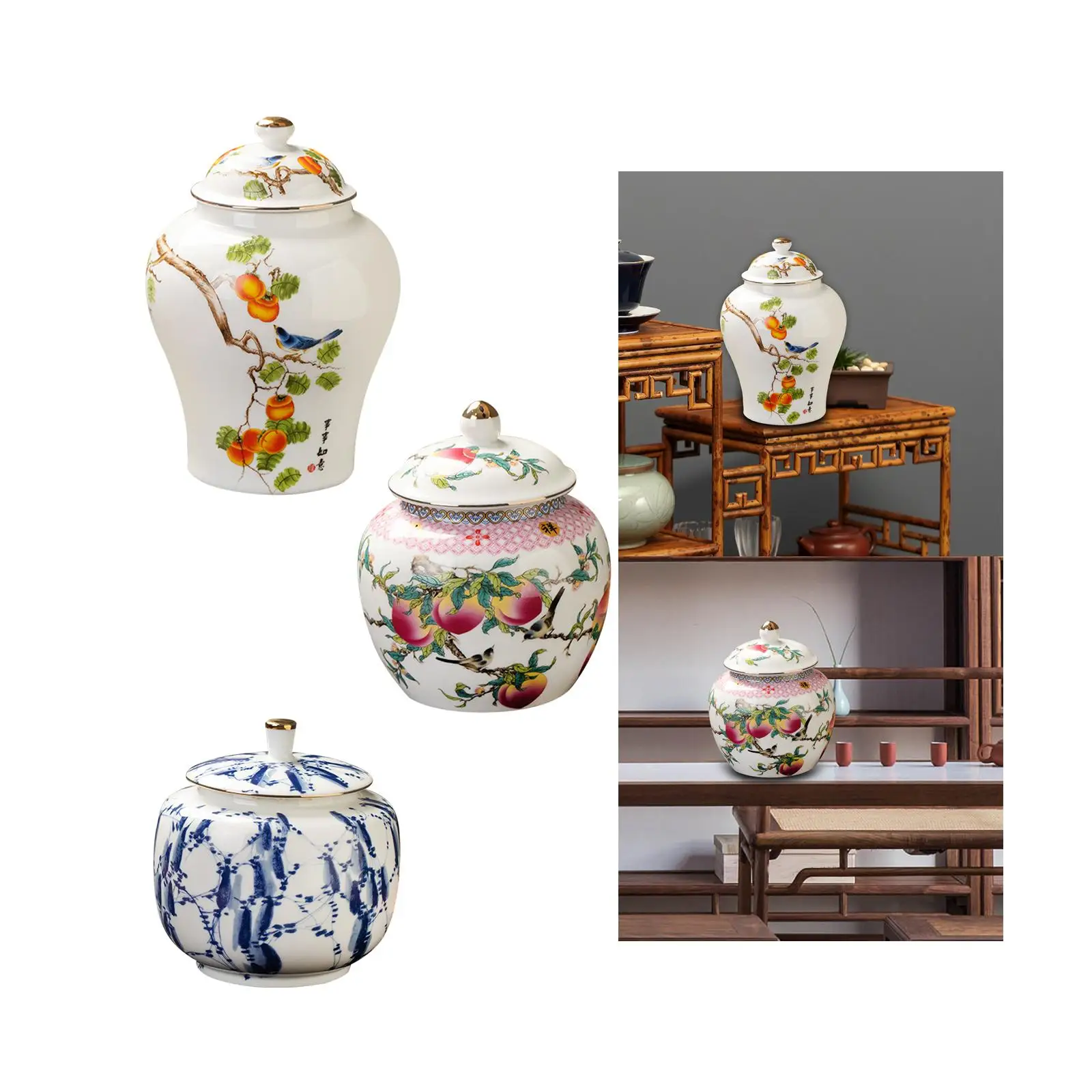 Porcelain Temple Jar Delicate Traditional Ceramic Ginger Jar with Lid Decorative Vase for Desktop Living Room Home Decor