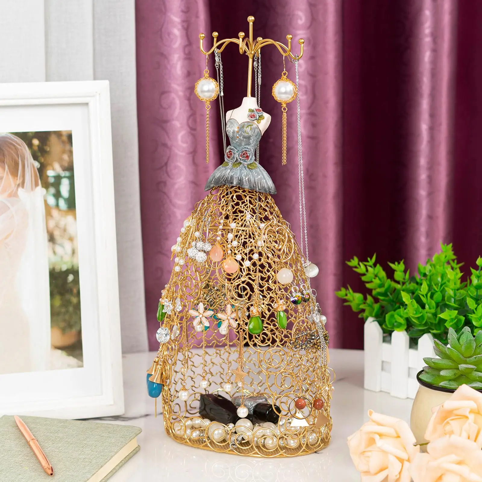 Jewelry Display Rack Dress-Shaped Gold for Necklace Bedroom 