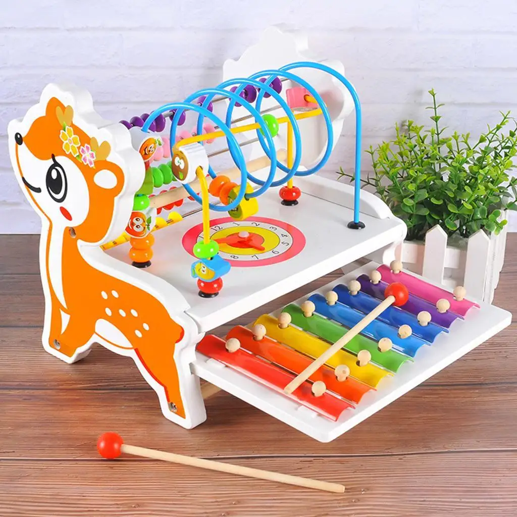  Wooden Activity Center Musicaylophone & Beads Maze & Abacus Math Educational Toy for Kids