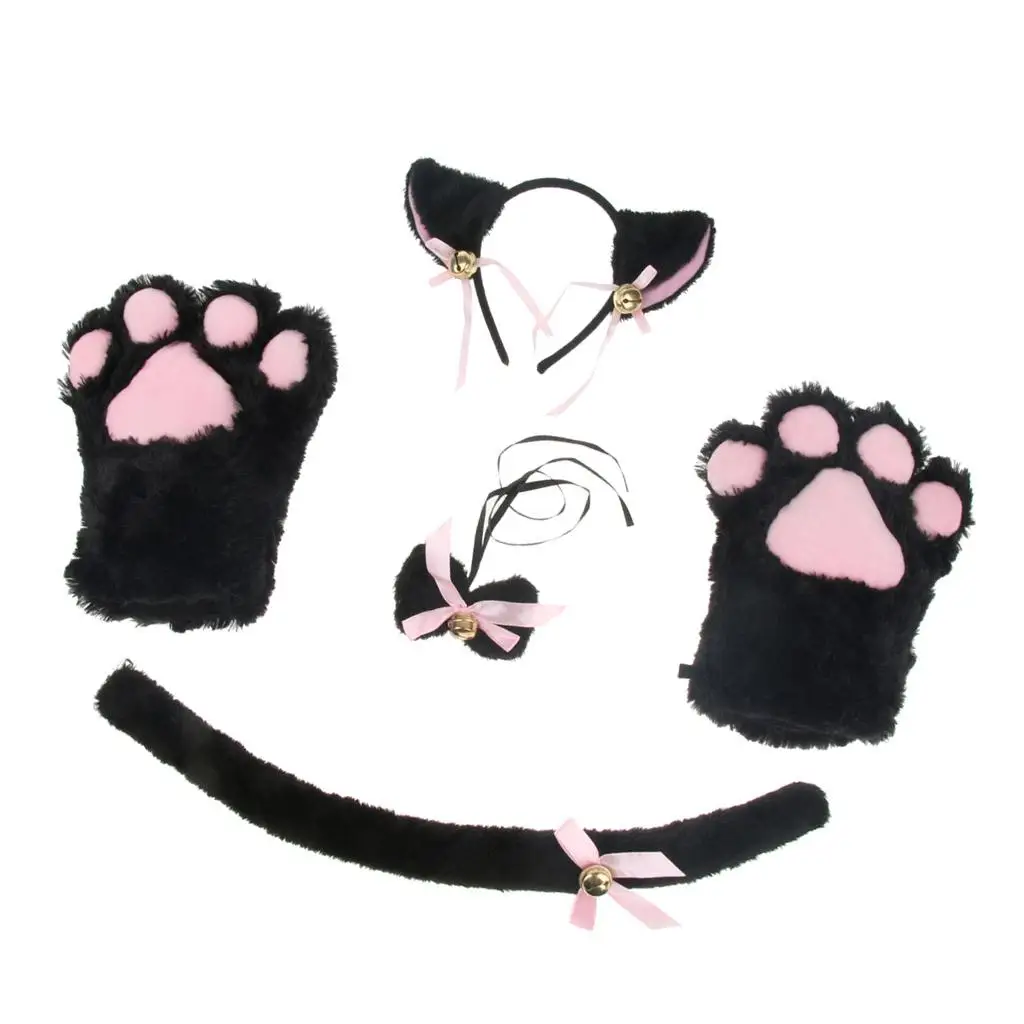 Cat Cosplay Set Plush Gloves Kitten Ear Tail Collar Paws Party Costume