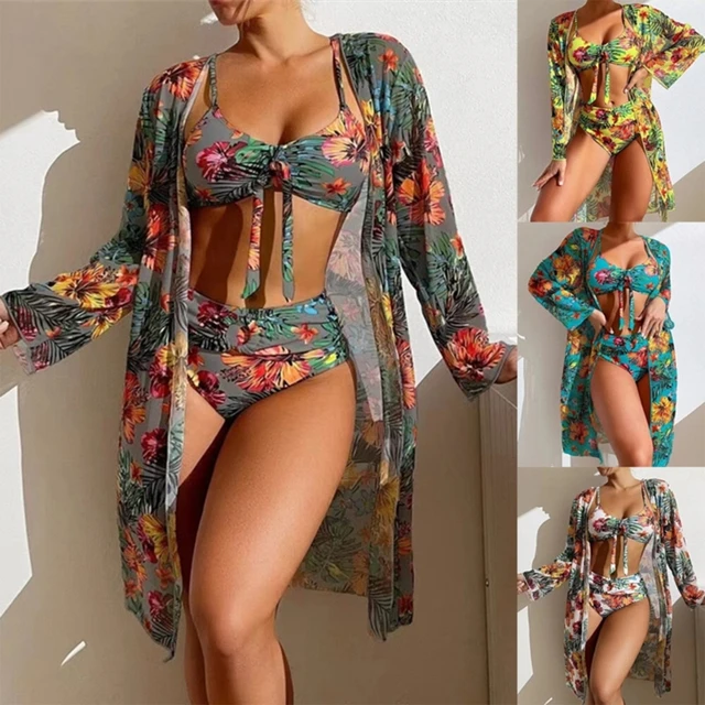 3 Piece Swimsuits for Women with Matching Wrap Skirt Swim Top Tummy Control  Bikin Bottom Floral Printed Cover Ups