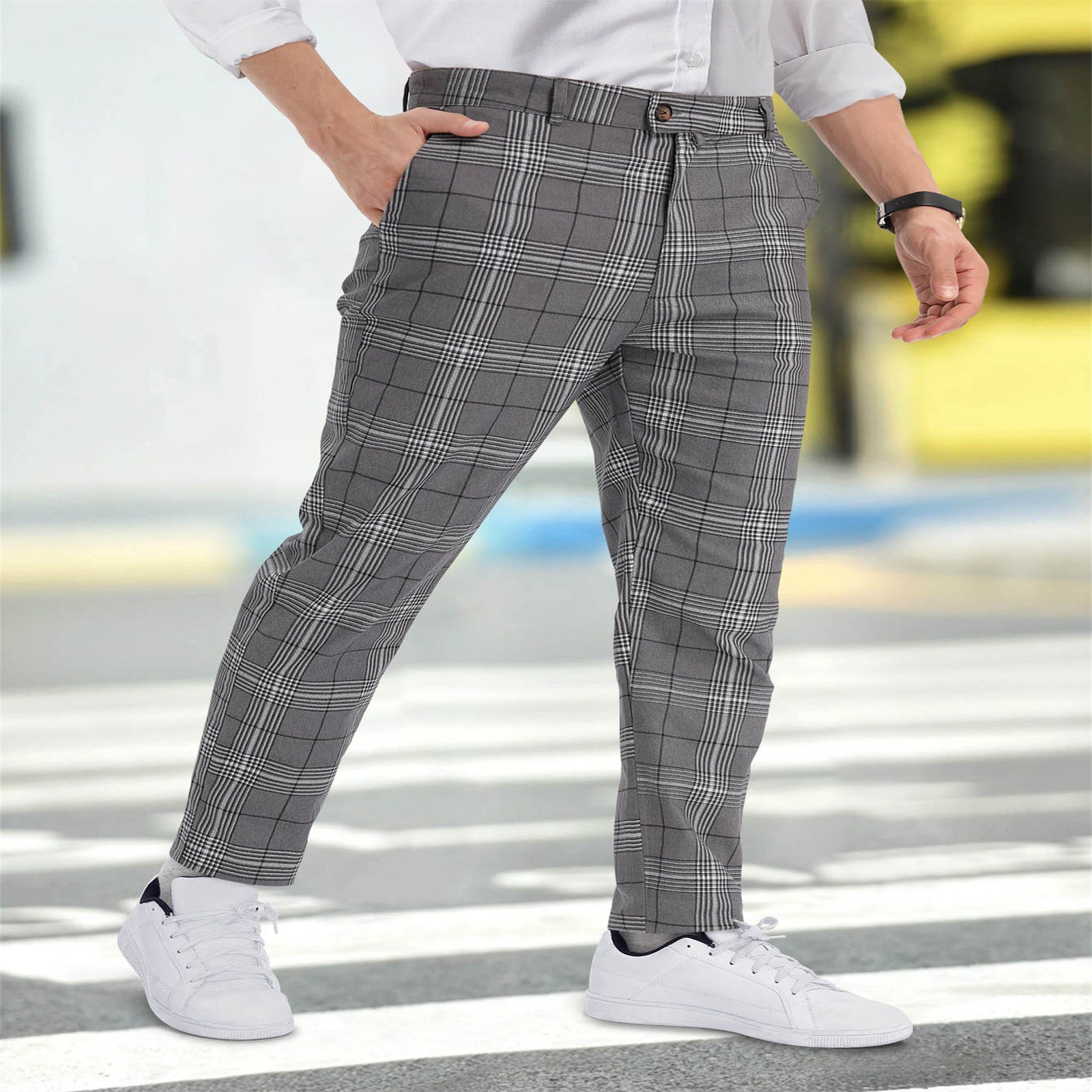 Description Picture 2 of itemMens Plaid Pants Spring Summer Fit Slim Straight Long Trousers With Pockets Business Office Work Sports Jogging Outwork Bottoms