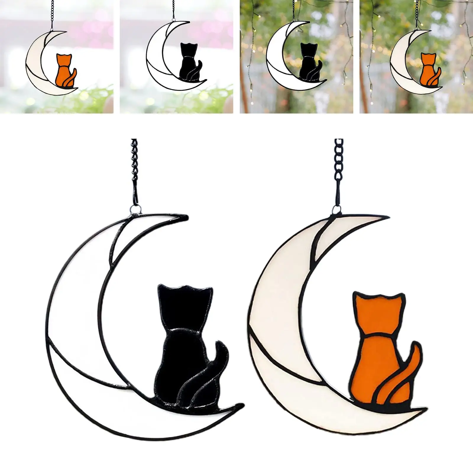 Stained Glass Window Hangings Cat on The Moon Window Hanging Ornament Decor